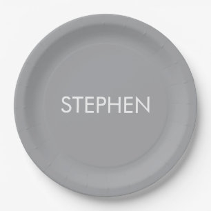 Gray minimalist custom name paper plate