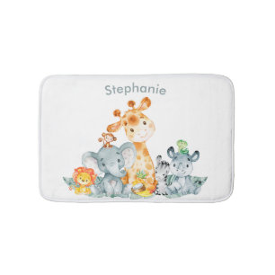 Gray Mint Watercolor Cute Safari Jungle Animals Bath Mat