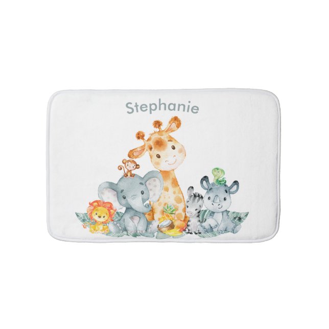 Gray Mint Watercolor Cute Safari Jungle Animals Bath Mat (Front)