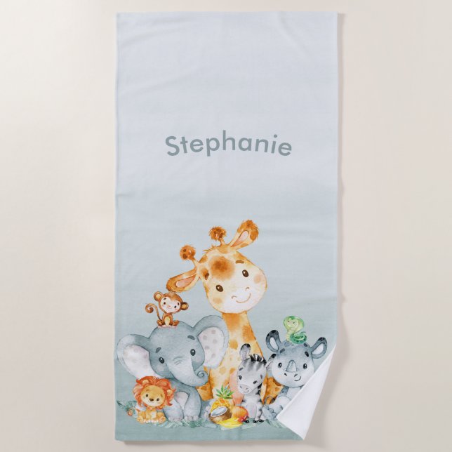 Gray Mint Watercolor Cute Safari Jungle Animals Beach Towel (Front)