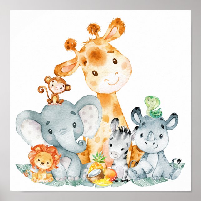 Gray Mint Watercolor Cute Safari Jungle Animals Poster (Front)