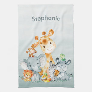 Gray Mint Watercolor Cute Safari Jungle Animals Tea Towel