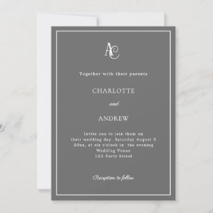 Gray modern monogram wedding invitation