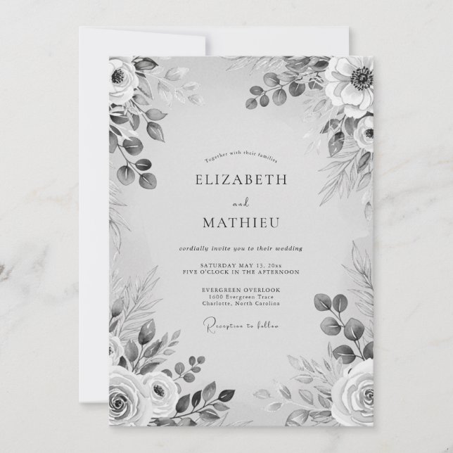 Gray Monochrome Floral Romance Wedding Invitation (Front)