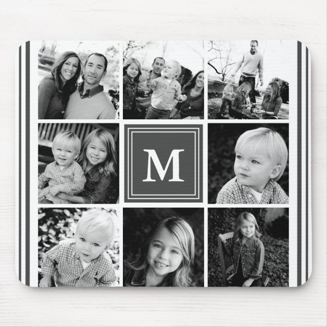 Gray Monogram Family Photo Collage Mouse Mat (Front)