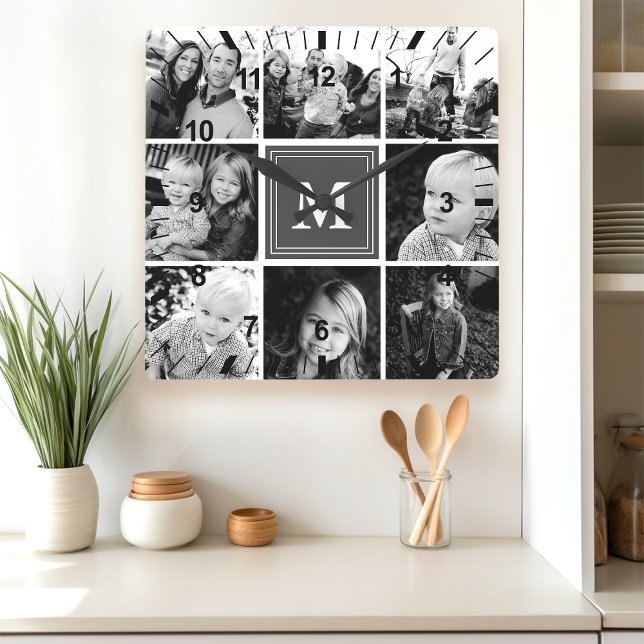Gray Monogram Family Photo Collage Square Wall Clock (Creator Uploaded)