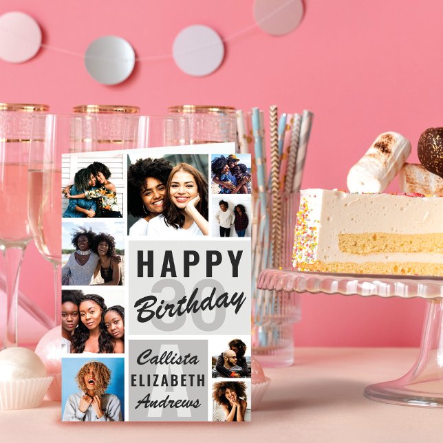 Gray Monogram Photo Collage Happy Birthday Card (Creator Uploaded)
