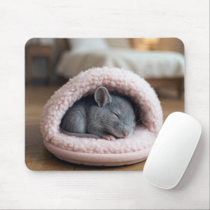Gray Mouse Sleeping in a Pink Slipper Mat