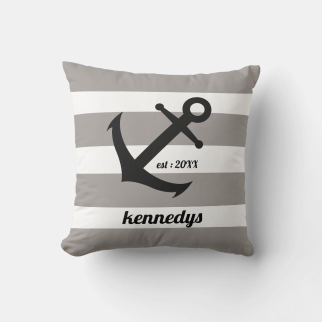 Gray Nautical Stripes Anchor Family Name Cushion (Front)