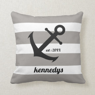 Gray Nautical Stripes Anchor Family Name Cushion