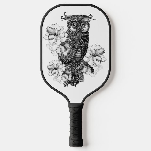 Gray Owl White Orchids Pickleball Paddle (Front)