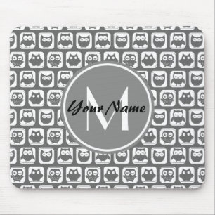 Gray Owls Pattern Custom Monogram, Personalized Mouse Mat