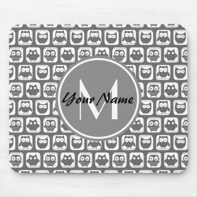 Gray Owls Pattern Custom Monogram, Personalized Mouse Mat (Front)