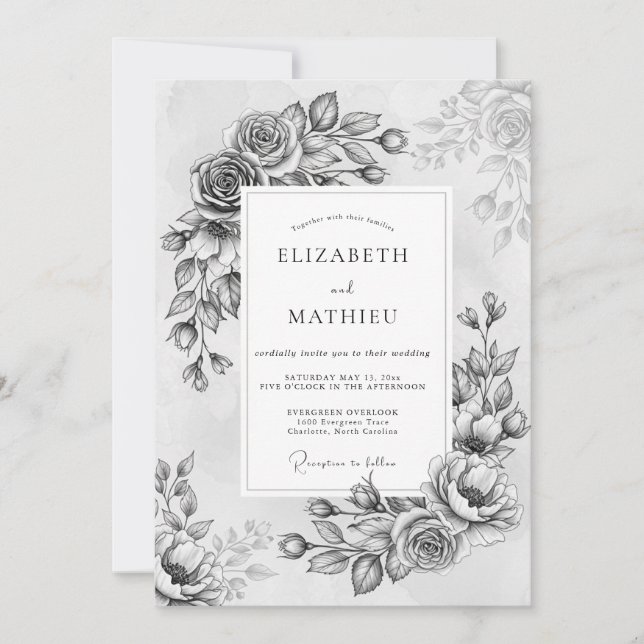 Gray Painterly Bloom Romance Wedding Invitation (Front)