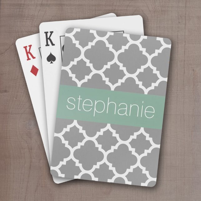 Gray & Pastel Mint Quatrefoil Pattern Custom Name Playing Cards (Add a name or monogram to these personalized poker cards.)