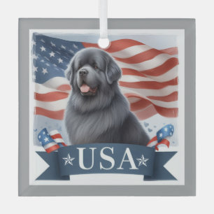 Gray Patriotic Newfoundland Dog Square Glass Tree Decoration