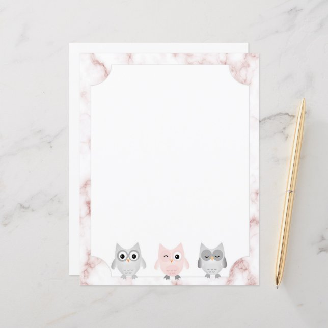 Gray & Pink Owls Rose Gold Marble Border Paper (Front/Back In Situ)