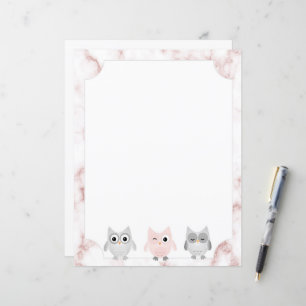 Gray & Pink Owls Rose Gold Marble Border Paper