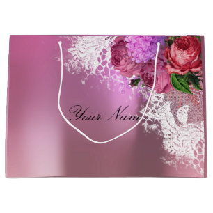 Gray Pink Red Peony White Lace Name Metallic Large Gift Bag