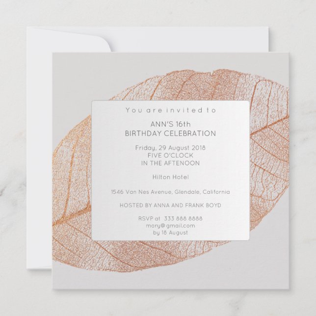 Gray Pink Rose Gold Leaf Birthday Party Invitation (Front)