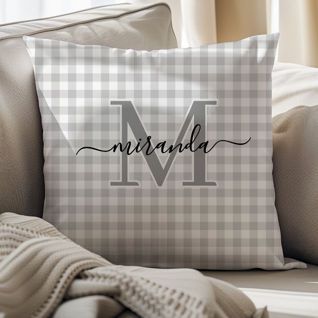 Gray Plaid Throw Pillow with Monogram (Creator Uploaded)