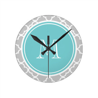 Gray Quatrefoil Pattern, Teal Monogram Wall Clock