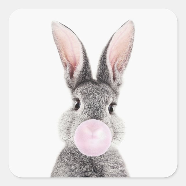 Gray rabbit blowing pink bubble gum square sticker (Front)