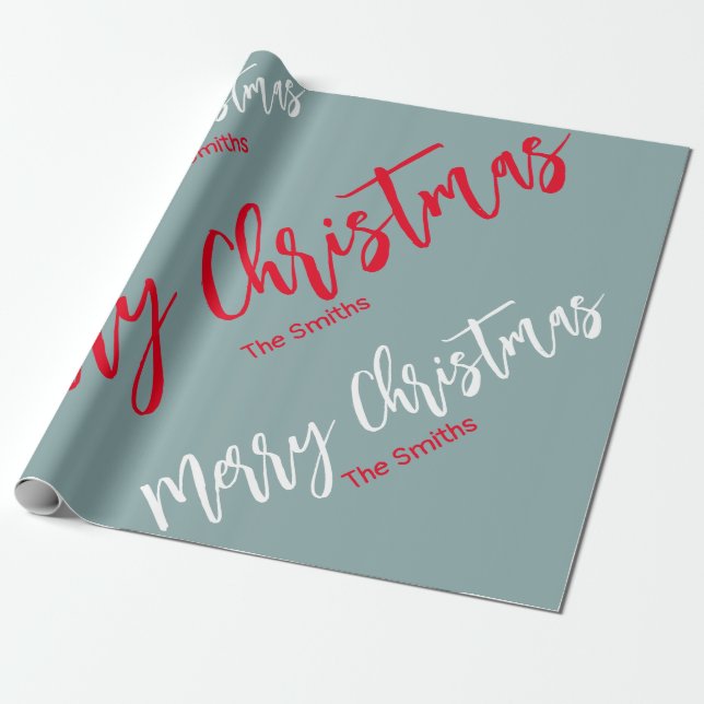 GRAY RED AND WHITE PERSONALIZED MERRY CHRISTMAS  WRAPPING PAPER (Unrolled)