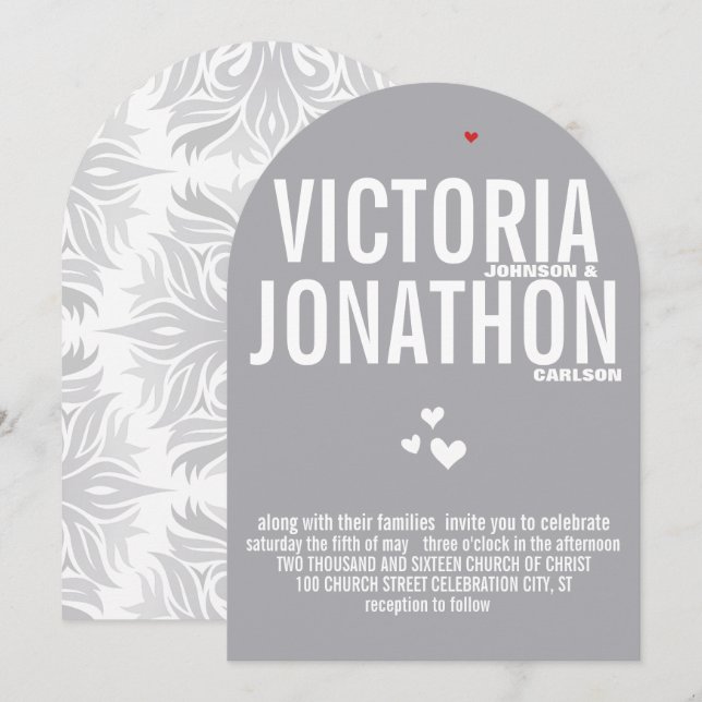 Gray Red Heart Gray Floral Typography Wedding Invitation (Front/Back)