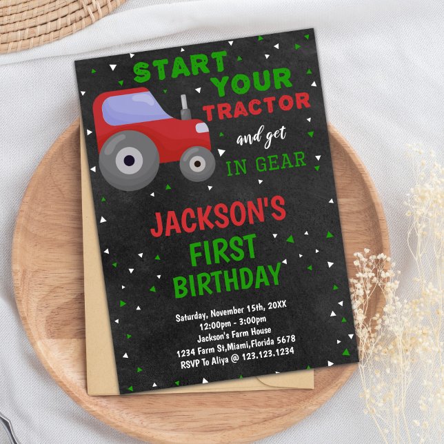 Gray Red Tractor Birthday Invitations (Gray Red Tractor Birthday Invitations)