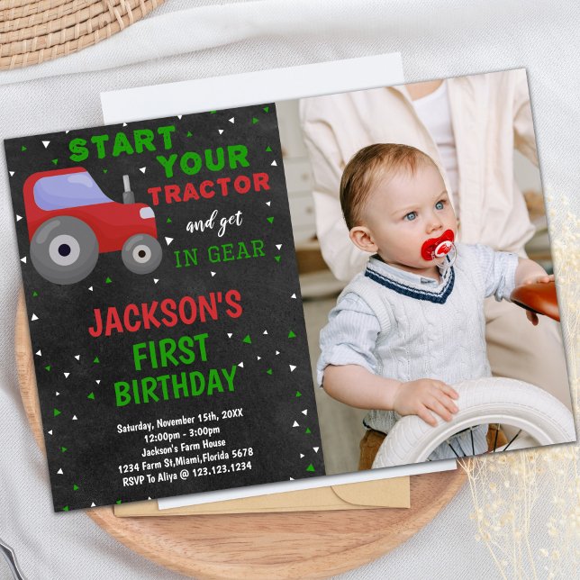 Gray Red Tractor Birthday Invitations with photo (Gray Red Tractor Birthday Invitations with photo)