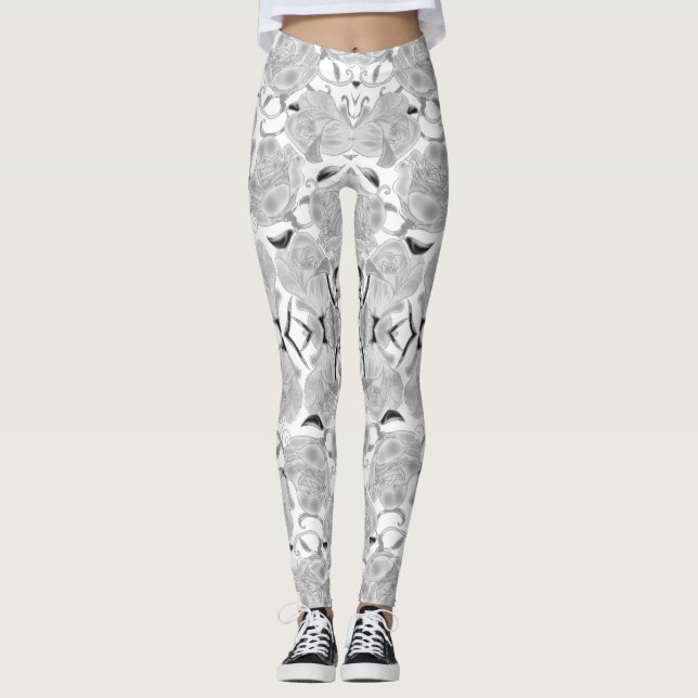 Gray Roses On White Leggings (Front)