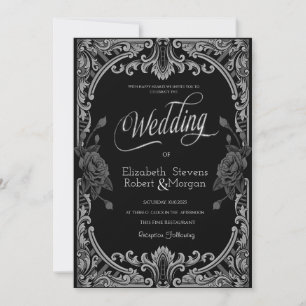 Gray Roses,Stripes Gothic Wedding Invitation