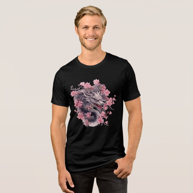 Gray Sakura Dragon in Bloom Tri-Blend Shirt (Front Full)