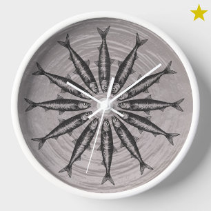 Gray Sardine Drawing Sketch Fish Pattern Clock