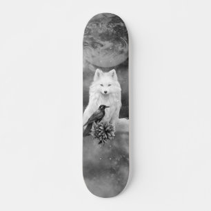 Gray Scale White Fox Fantasy Raven Moon Skate Deck