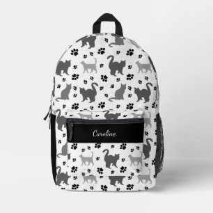 Gray Silhouette Cats Pawprints Pattern Printed Backpack