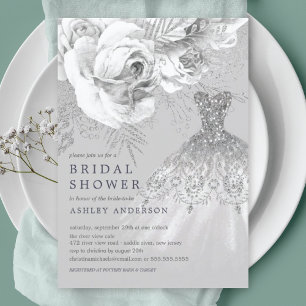 Gray & Silver Floral Wedding Dress Bridal Shower Invitation