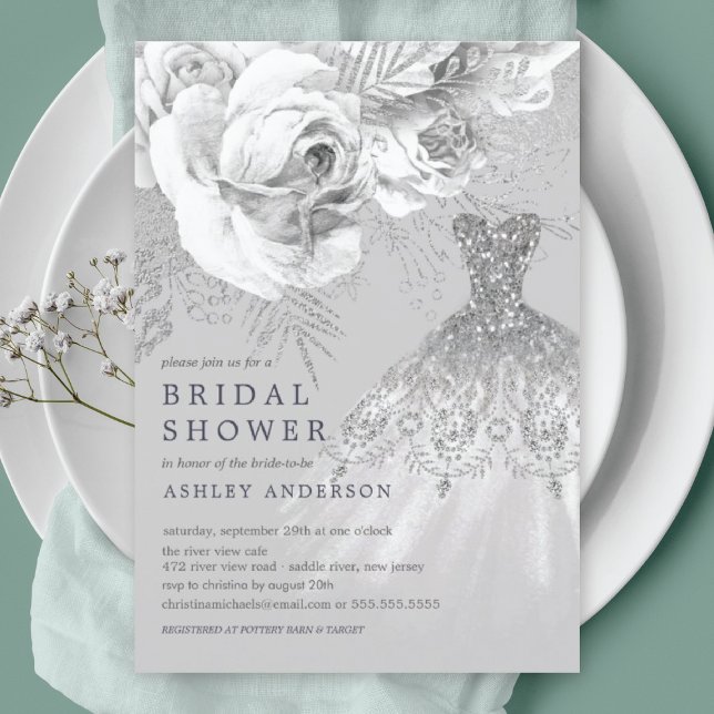 Gray & Silver Floral Wedding Dress Bridal Shower Invitation (Creator Uploaded)