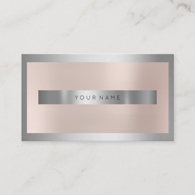 Gray Silver Glass Frame  Metallic Minimal Pink Business Card (Front)