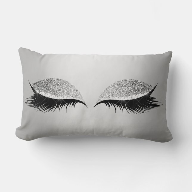 Gray Silver Glitter Black Eyes Glam Makeup Lashes Lumbar Cushion (Front)