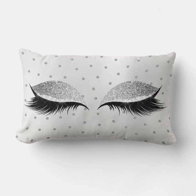 Gray Silver Glitter Eyes Makeup Lashes Swarovski Lumbar Cushion (Front)