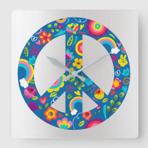 Gray Silver Holographic Peace Love Square Wall Clock