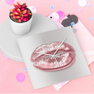 Gray Silver Kiss Lips Pink Rose Gold Makeup Artist Square Wall Clock