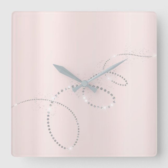 Gray Silver Pink Powder Crystals Infinity Diamonds Square Wall Clock (Front)