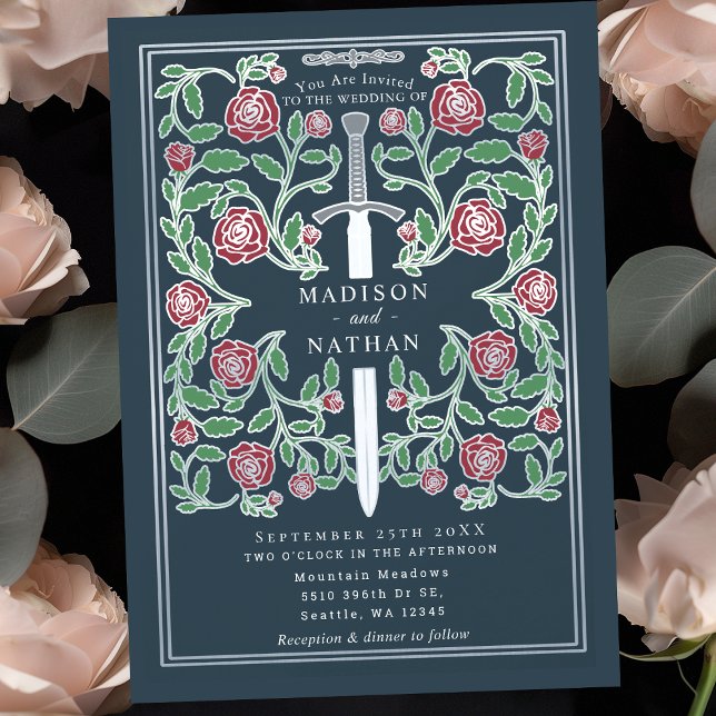Gray Silver Sword Floral Medieval Fantasy Wedding Invitation (Creator Uploaded)
