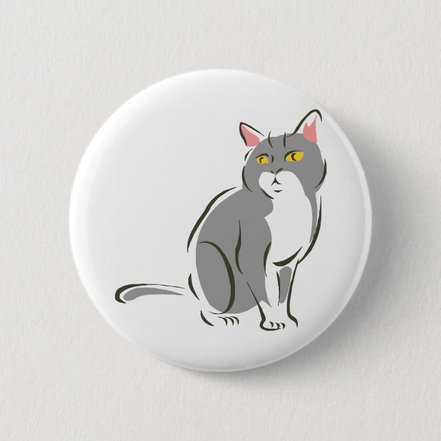 Gray Sitting Cat 6 Cm Round Badge (Front)