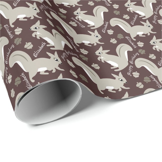 Gray Squirrels Custom Name Boy or Girl's Birthday Wrapping Paper (Roll Corner)