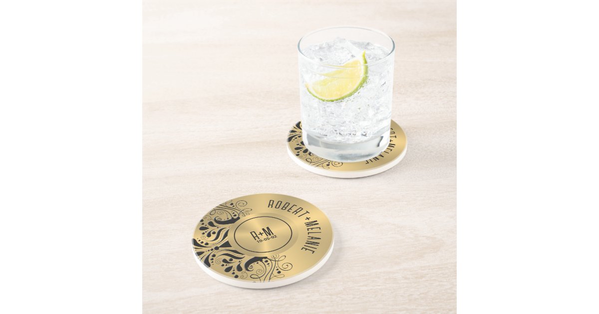 Gray Stainless Steel Look Black Floral Accent Coaster Zazzle