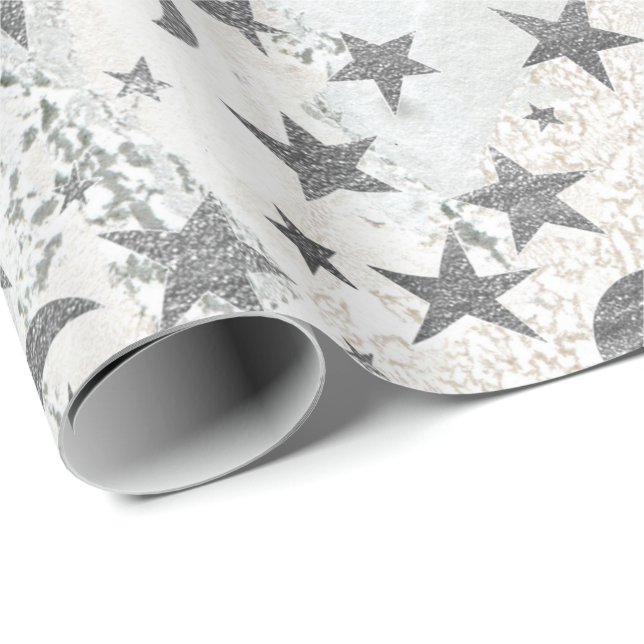 Gray Stars Moon Gold Sky Galaxy White Gray Marble Wrapping Paper (Roll Corner)